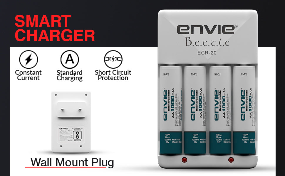 ENVIE® (ECR20+1000) Beetle Charger for AA & AAA Rechargeable Batteries icator