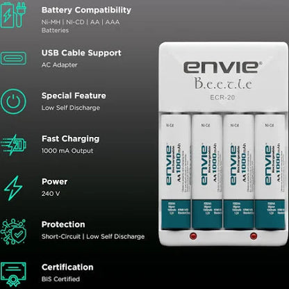 ENVIE® (ECR20+1000) Beetle Charger for AA & AAA Rechargeable Batteries icator